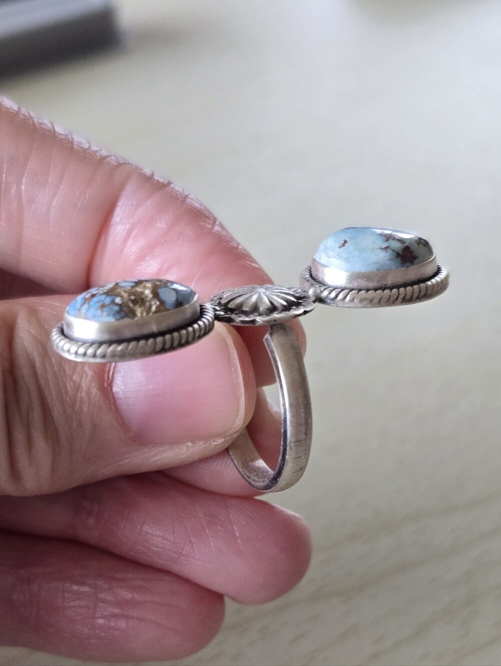 Golden Hills Turquoise Double Stone Ring In Sterling Silver, Southwestern - Picture 2 of 4